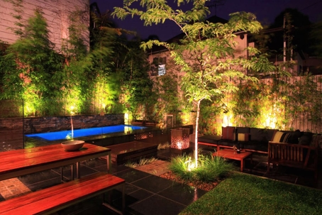 Landscape lighting in a backyard